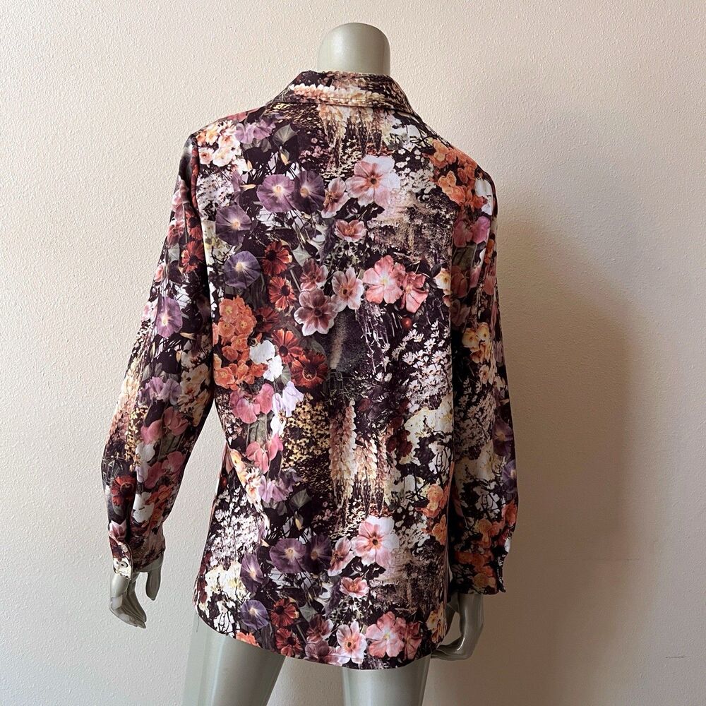 Vintage Floral Photo Print Blouse Shirt Large Button Up Top Autumn Boho 70s - Picture 10 of 13